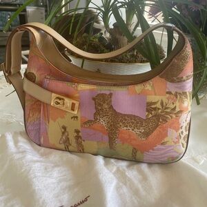 Ferragamo Pink/Orange Animal Print Shoulder Bag. strap can be extended.
